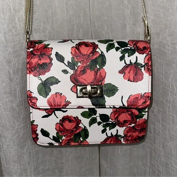 DISNEY Beauty & The Beast Rose Floral Gold Tone Faux Leather Mini Crossbody Bag - Picture 1 of 10